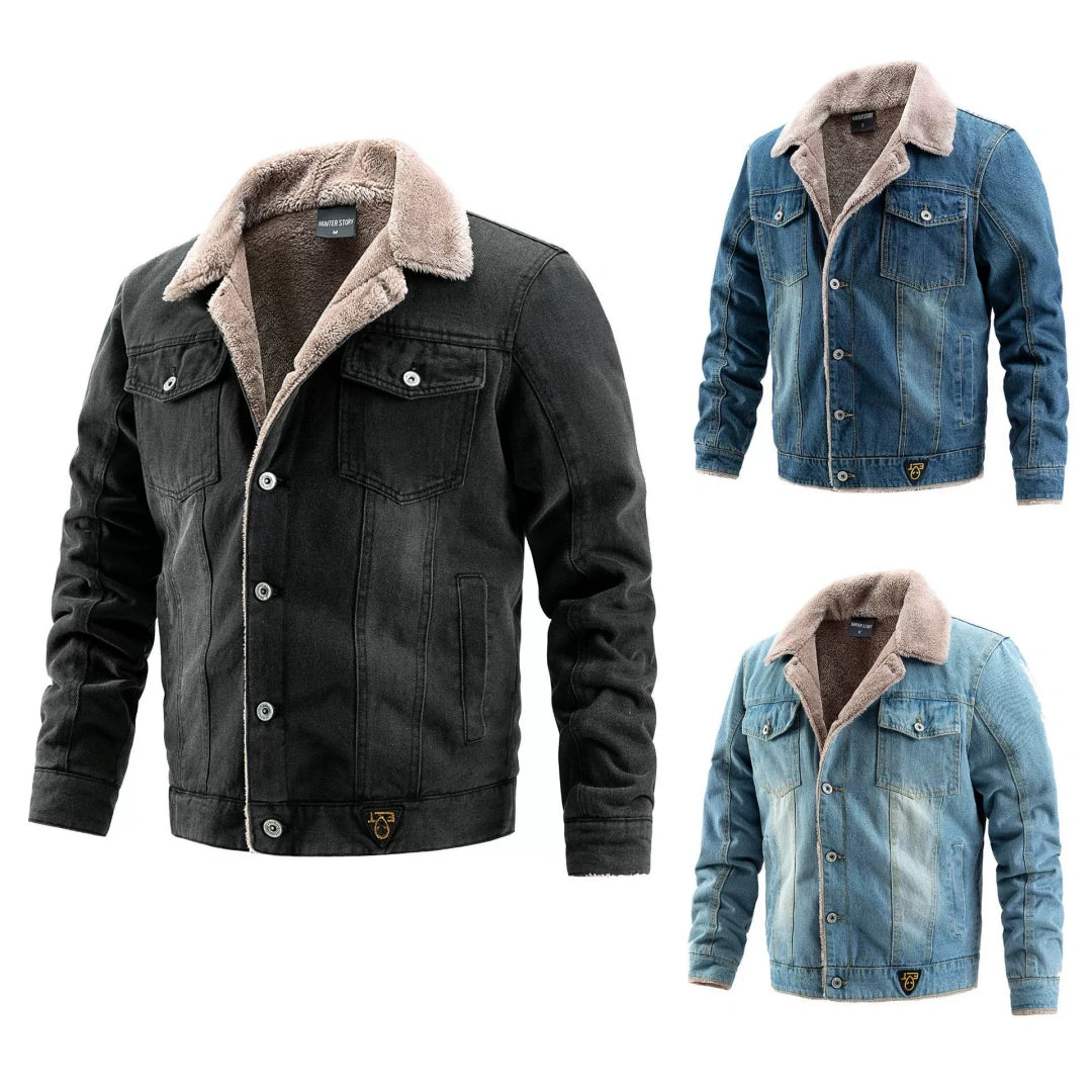 2026 Black Friday Limited‑Edition Men Fleece‑Lined Denim Trucker Jacket, Removable Faux Fur Collar Winter Warm Jean Outerwear US S‑3XL Holiday Special