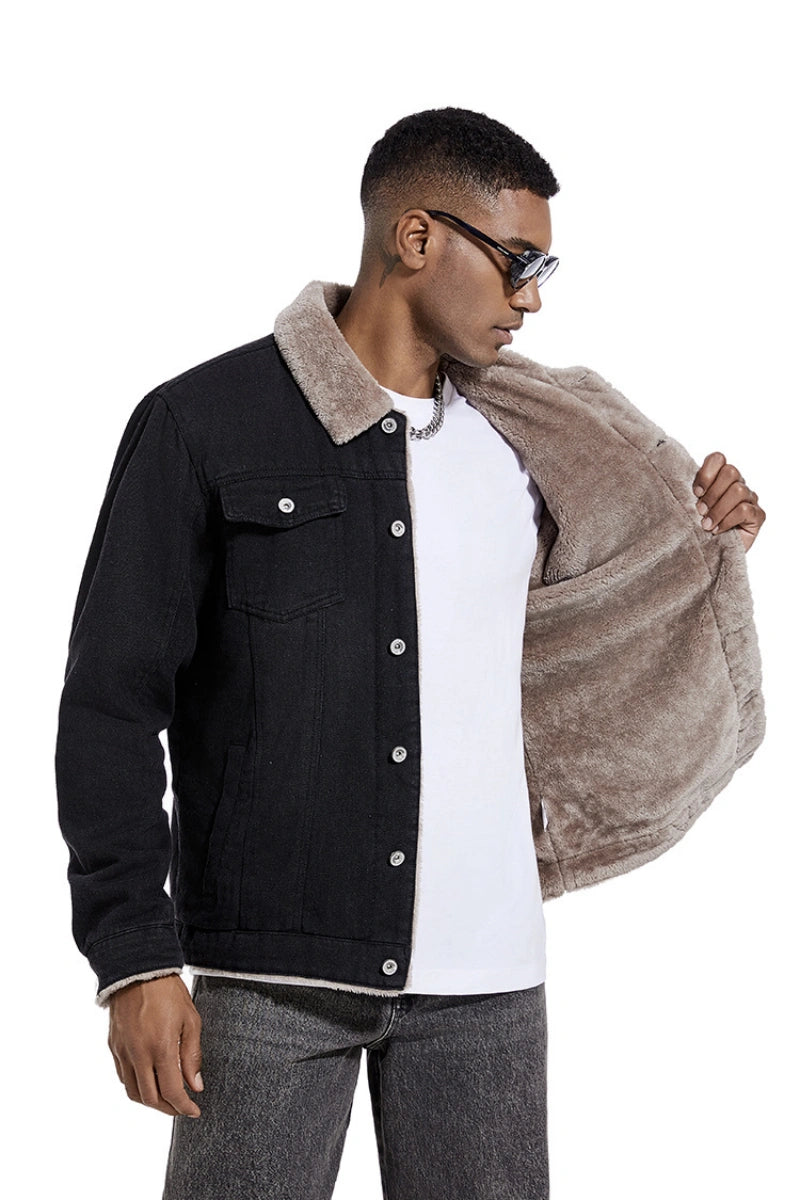 Cold‑Weather Outdoor Men Fleece‑Lined Denim Trucker Jacket, Removable Faux Fur Collar Insulated Winter Warm Jean Outerwear US S‑3XL Black Friday
