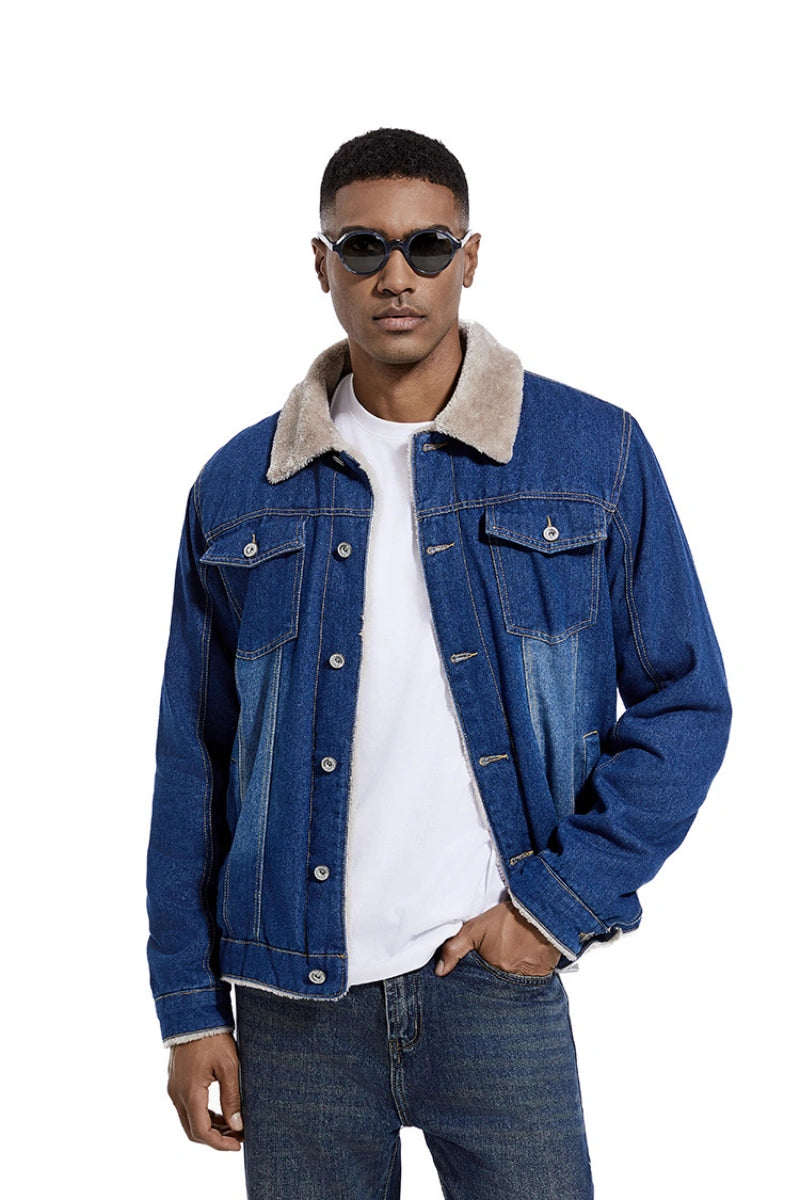Ideal Black Friday Christmas Gift for Men, Heavyweight Fleece‑Lined Denim Trucker Jacket with Removable Faux Fur Collar, Winter Warm Casual Outerwear US S‑3XL