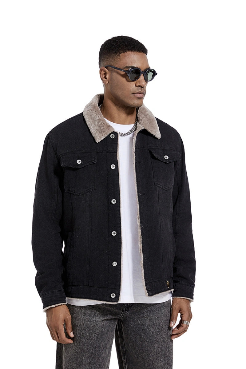 Ideal Black Friday Christmas Gift for Men, Heavyweight Fleece‑Lined Denim Trucker Jacket with Removable Faux Fur Collar, Winter Warm Casual Outerwear US S‑3XL