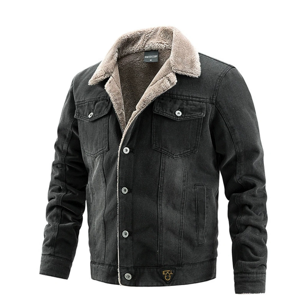 Ideal Black Friday Christmas Gift for Men, Heavyweight Fleece‑Lined Denim Trucker Jacket with Removable Faux Fur Collar, Winter Warm Casual Outerwear US S‑3XL