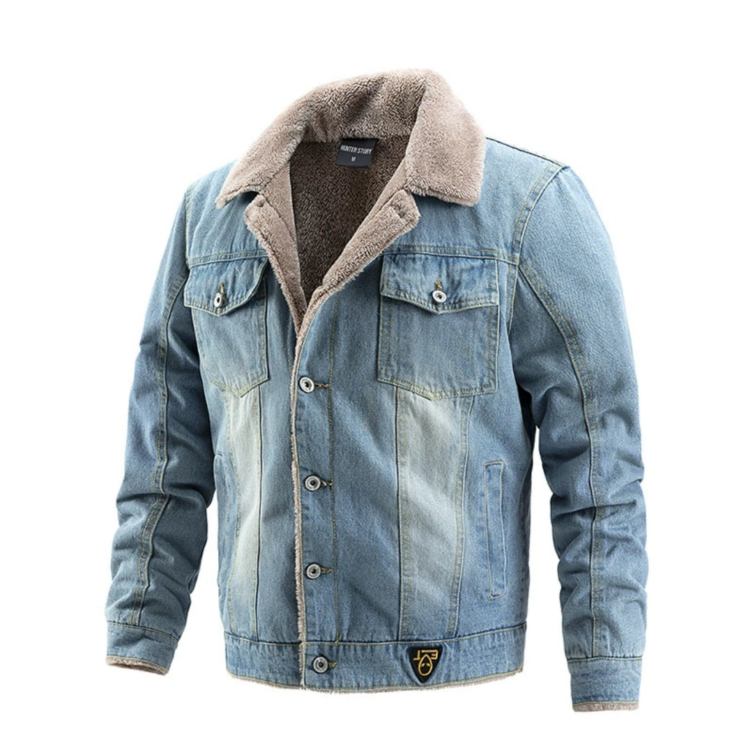 Ideal Black Friday Christmas Gift for Men, Heavyweight Fleece‑Lined Denim Trucker Jacket with Removable Faux Fur Collar, Winter Warm Casual Outerwear US S‑3XL