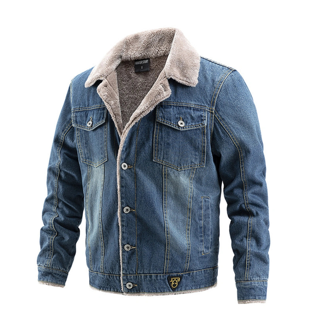 Ideal Black Friday Christmas Gift for Men, Heavyweight Fleece‑Lined Denim Trucker Jacket with Removable Faux Fur Collar, Winter Warm Casual Outerwear US S‑3XL