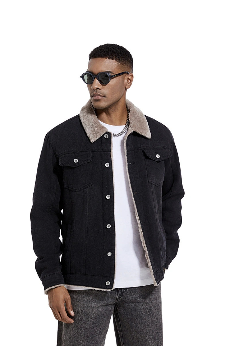 Mens Fleece Lined Denim Jacket with Removable Faux Fur Collar, Heavyweight Winter Warm Jean Trucker Coat, Relaxed Fit Casual Outerwear S‑3XL for Black Friday Holiday Gift for Men