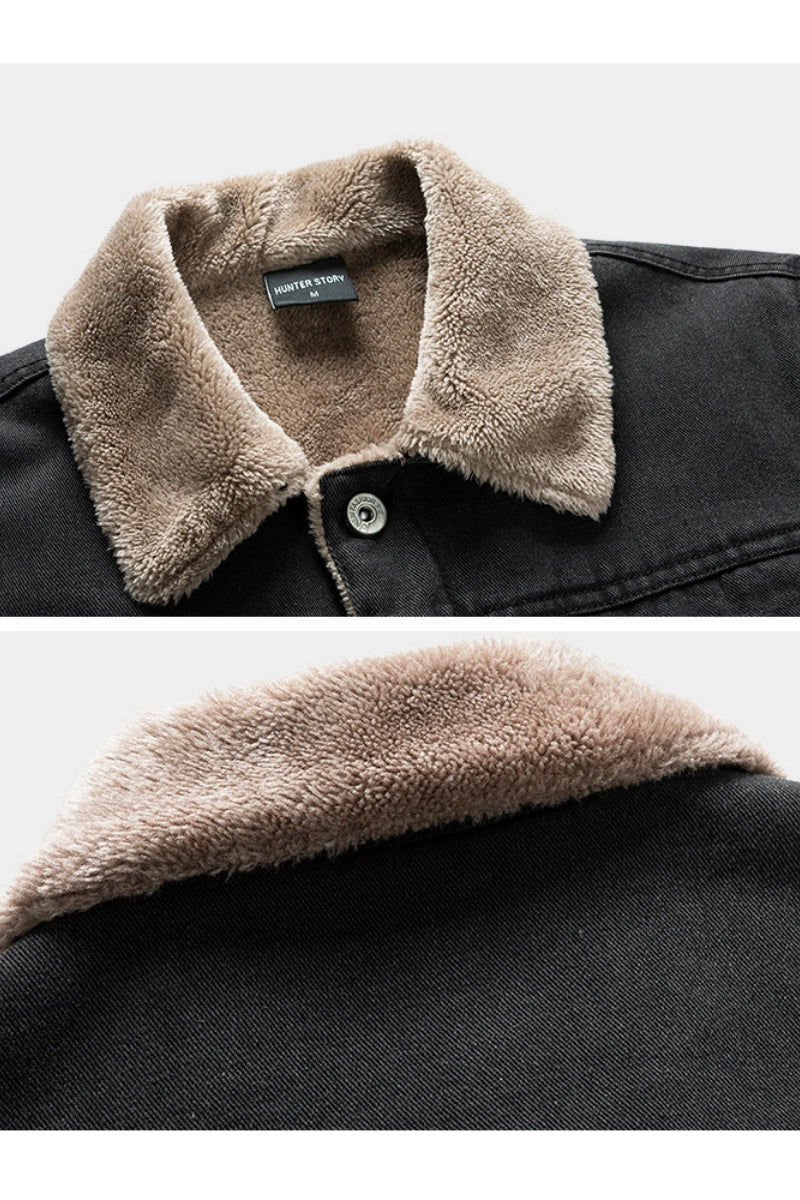 Ideal Black Friday Christmas Gift for Men, Heavyweight Fleece‑Lined Denim Trucker Jacket with Removable Faux Fur Collar, Winter Warm Casual Outerwear US S‑3XL