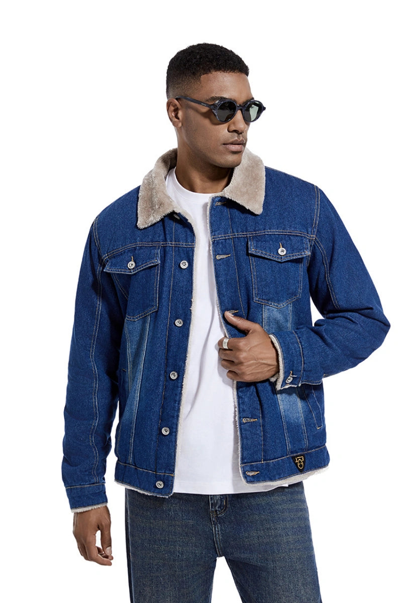 Vintage Western Style Men Fleece‑Lined Denim Trucker Jacket, Removable Faux Fur Collar Retro Winter Warm Jean Outerwear US S‑3XL Black Friday