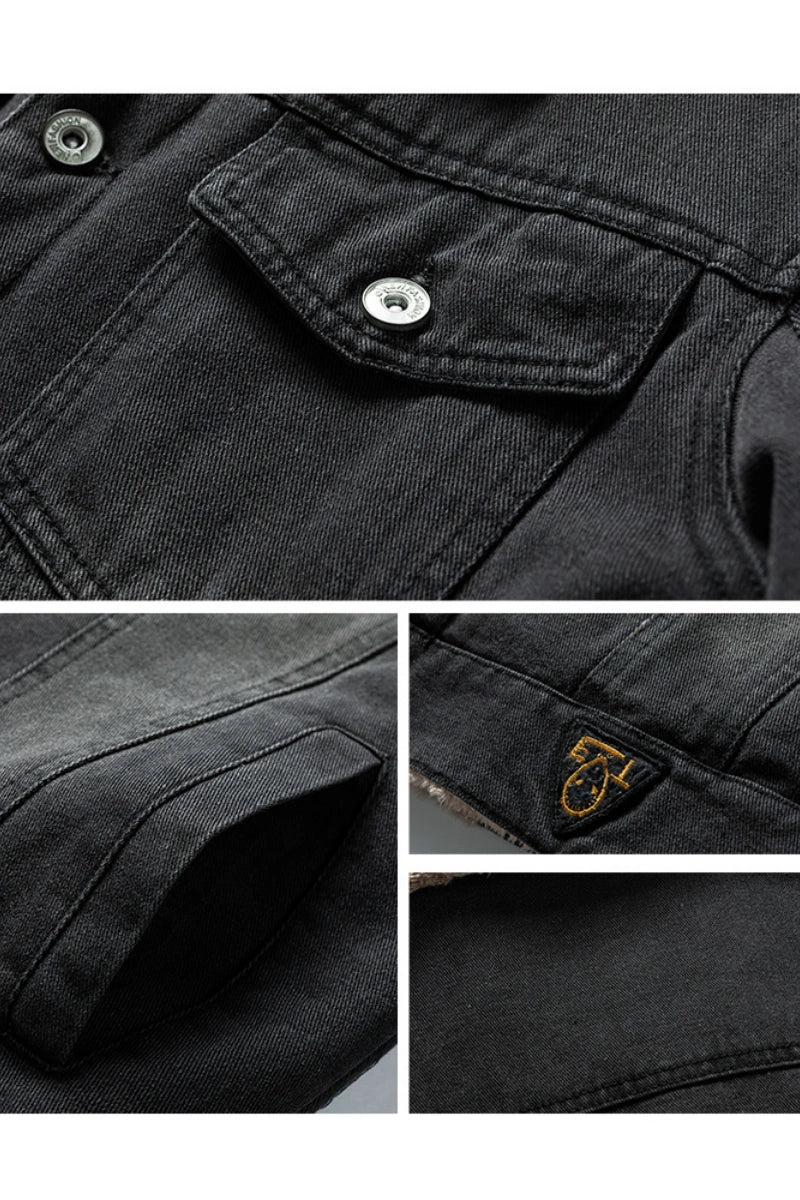 Ideal Black Friday Christmas Gift for Men, Heavyweight Fleece‑Lined Denim Trucker Jacket with Removable Faux Fur Collar, Winter Warm Casual Outerwear US S‑3XL