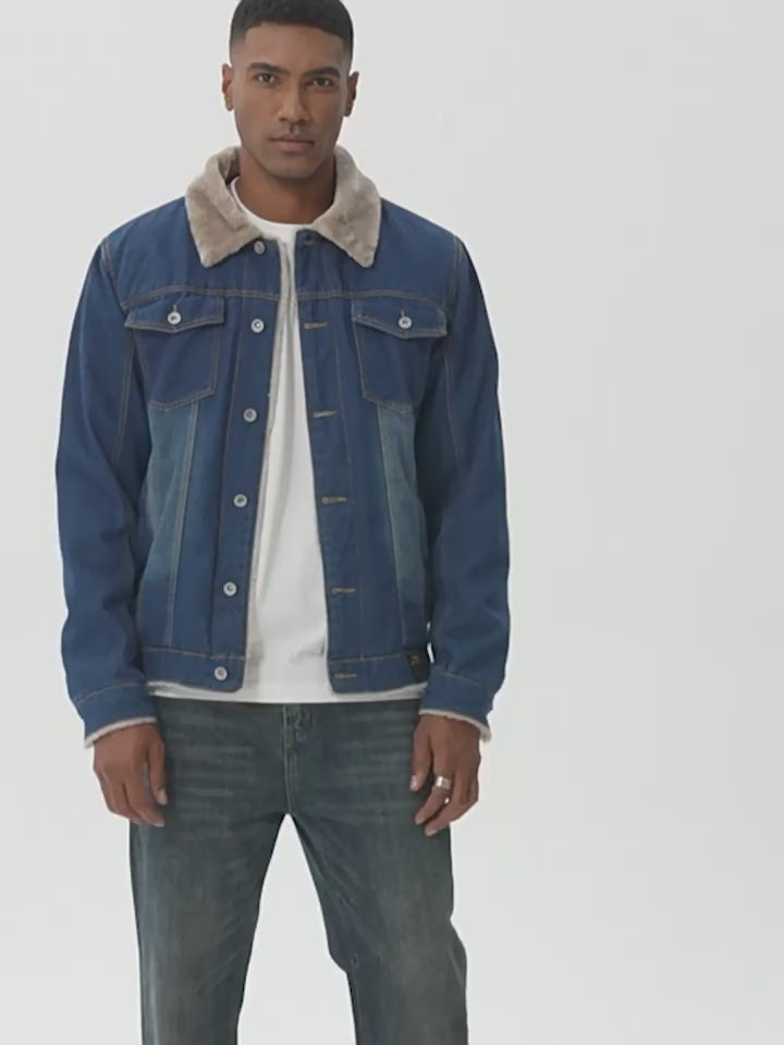 Ideal Black Friday Christmas Gift for Men, Heavyweight Fleece‑Lined Denim Trucker Jacket with Removable Faux Fur Collar, Winter Warm Casual Outerwear US S‑3XL